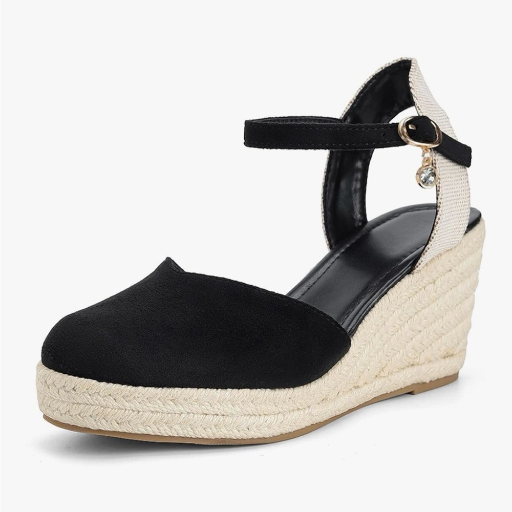 Black Espadrille Wedge Ankle-Strap Women's Shoes S7